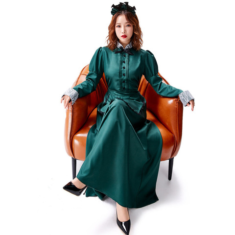 Women Dark Green Turtleneck Lace Slim Temperament Maid Long Dress Cafe Attendant Clothing Plus Size ► Photo 1/6
