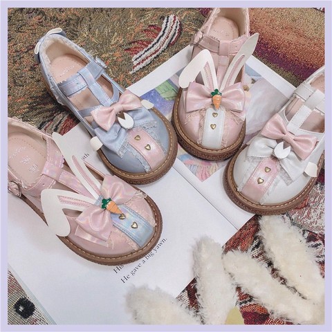 Buy Online Lolita Shoes Women Flats Low Round Rabbit Head Straps Bow Cute Girls Princess Tea Party Shoes Students Lovely Shoes Big Size 40 Alitools