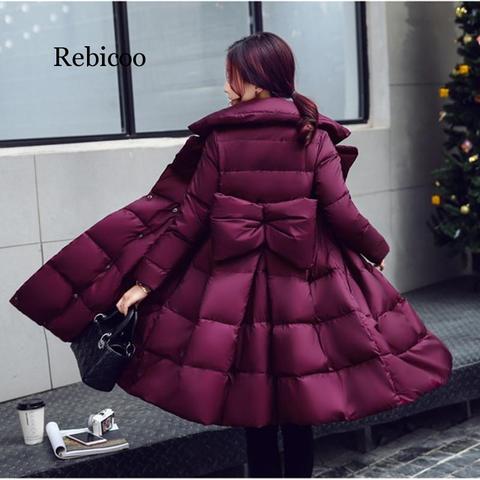 Winter parkas women cotton jacket fashion A-line Down cotton jackets Thick warm long Slim female Bow Big swing cotton coats N247 ► Photo 1/6