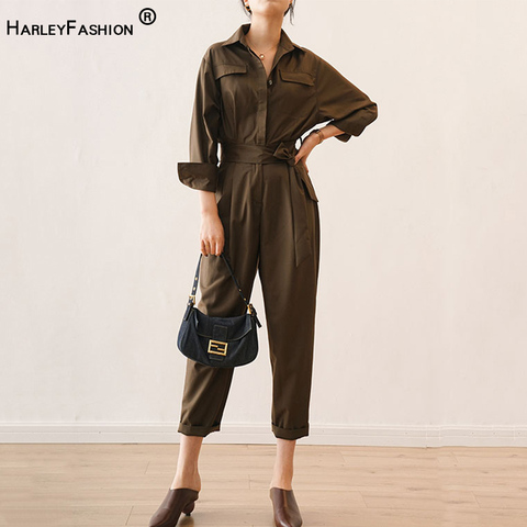 Russian Women High Street Quality Jumpsuits Brown Color Spring Fall Fitness Ankle-length Handsome Slim Jumpsuits with Slash ► Photo 1/5