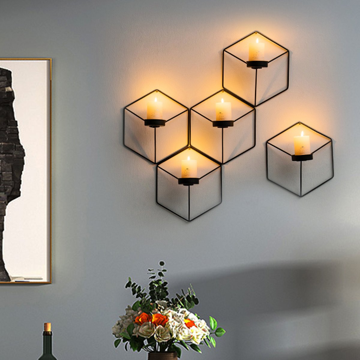Nordic Style 3D Geometric Candlestick Metal Hanging Candle Holder Home Decor Art 