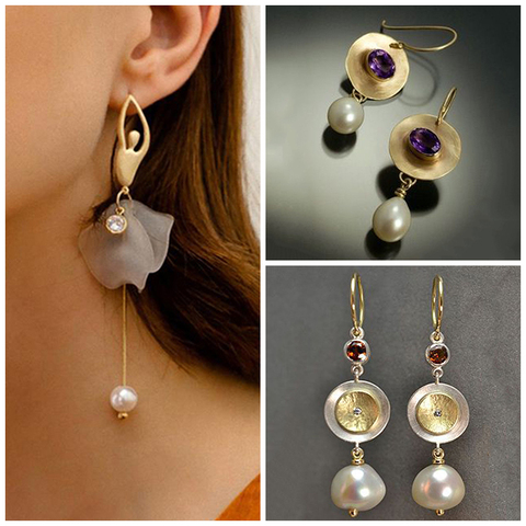 New Fashion Droplets Imitation Pearl Earrings Ladies Luxury Gold Color Filled Purple Rhinestone Drop Earring Wedding Gift Z4D279 ► Photo 1/6