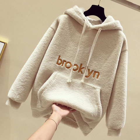 Winter Hooded Sweatshirt Women Thick Lamb Wool Cashmere Hoodies Warm Hoodie Letter Pullovers Fleece Casual Tops Coats Female ► Photo 1/6