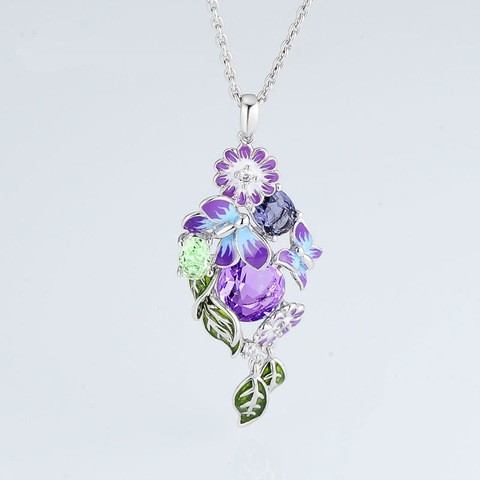 New Arrival Elegant Butterfly Silver Pendant Necklace for Women Chrysanthemum Leaf Handmade Enamel Charm Necklace with Chain ► Photo 1/4
