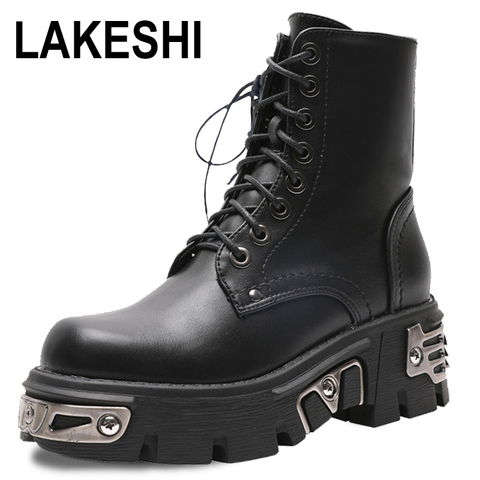 Black Punk Style Platform Men's Ankle Boots Lace Up Zipper Autumn Winter Motorcycle Boots For Man Goth Chunky Shoes Metal Decor ► Photo 1/6