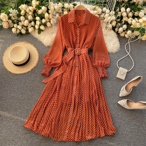 Spring And Summer French Vintage Maxi Dress 2022 Sundress Ladies Long Sleeve Orange Polka Dot Chiffon Pleated Dresses Femme Robe ► Photo 1/5