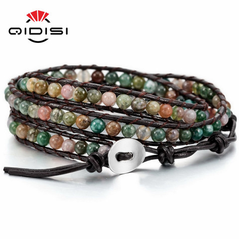 Genuine Leather Bracelet Bangle Cuff Rope for Women Boys Kids 4MM Beads Braided 3 Wraps Stone Handmade Jewelry Gift ► Photo 1/6