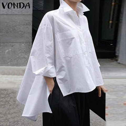 VONDA Solid Color Party Tops 2022 Spring Lapel Neck Shirts Summer Beach Tops Female Asymmetrical Blouse Casual Blusa 5XL Tunics ► Photo 1/6