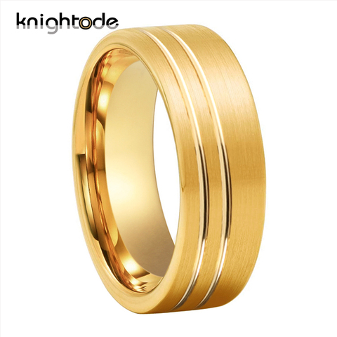 8mm Tungsten Carbide Gold Ring With 2 Offset Grooves Men Women Wedding Band Fine Gift Flat Brushed Comfort Fit ► Photo 1/6