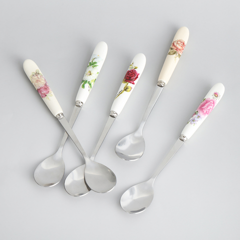 1Pcs Luxury Retro Ceramics Coffee Spoon Stainless Steel Ice Cream Dessert Rose Flowers Pattern Scoop Household Kitchen Supply ► Photo 1/6