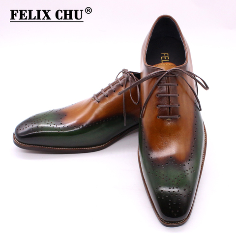 Size 8-15 Handmade Mens Wingtip Oxfords Green & Camel Genuine Calf Leather Classic Wedding Men Dress Shoes Business Formal Shoes ► Photo 1/6