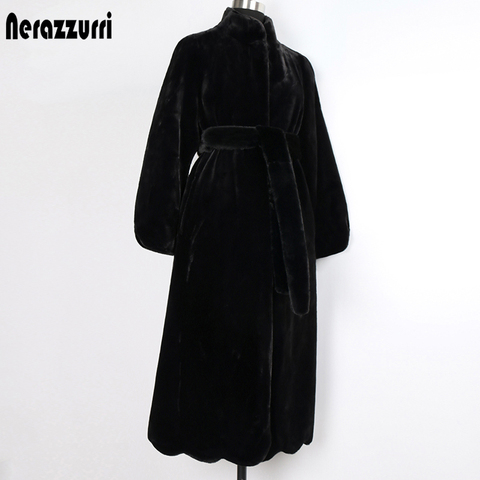 Nerazzurri Long fluffy warm black faux fur coat women stand collar belt Winter clothes women 2022 Sheared mink overcoat women ► Photo 1/6