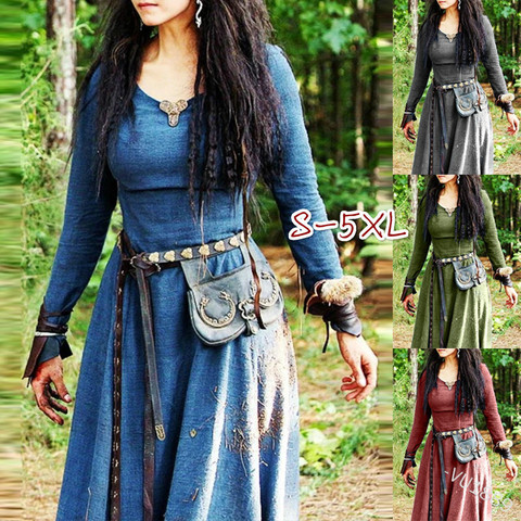 Halloween Cosplay Medieval Vintage Slim Costume For Adult Women Renaissance Solid Long Sleeves Robe Gown Maxi Dress Plus Size ► Photo 1/6