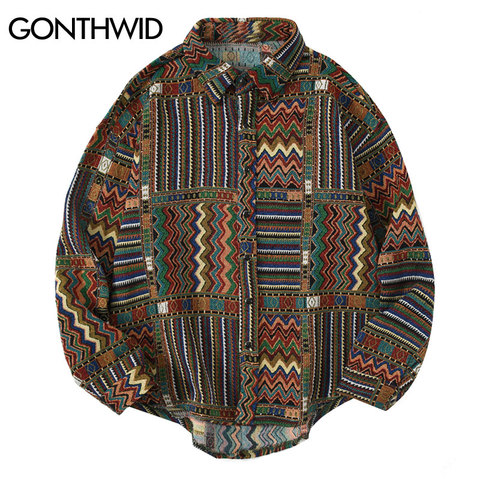 GONTHWID National Style Color Block Geometric Pattern Long Sleeve Tees Shirts Streetwear Hip Hop Harajuku Casual Loose Shirt Top ► Photo 1/6