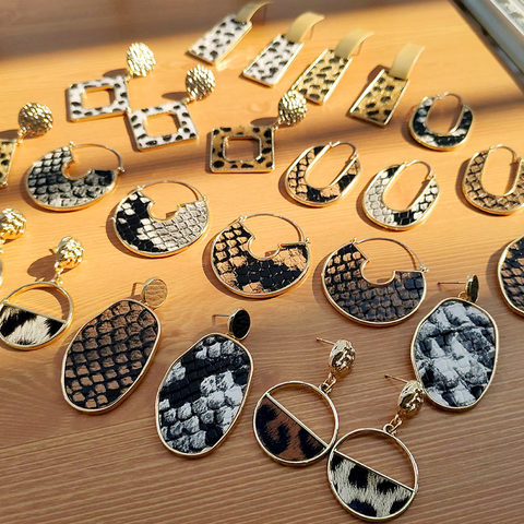 Flatfoosie Big Geometric Leather Dangle Drop Earrings For Women Vintage Snake Leopard Earrings Female Round Earring Jewelry 2022 ► Photo 1/6
