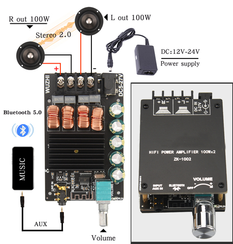 HIFIDIY LIVE Bluetooth 5.0 AUX TPA3116 Digital Power Amplifier board 2x 50W 100W speaker Stereo Audio AMP Module Home music 502C ► Photo 1/6