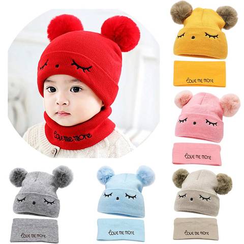 TYRY.HU  2Pcs Baby Winter Hats Scarf  Baby Beanies Cap hat male knitted plush Cap For Girls Boys Kids Winter Warm Hat Scarf Set ► Photo 1/6