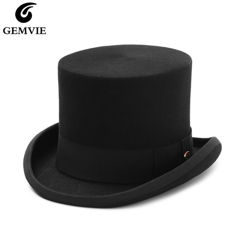 GEMVIE 5.4 inch 100% Wool Felt Top Hat For Men/Women  Cylinder Hat Topper Mad Hatter Party Costume Fedora Magician Hat New ► Photo 1/6