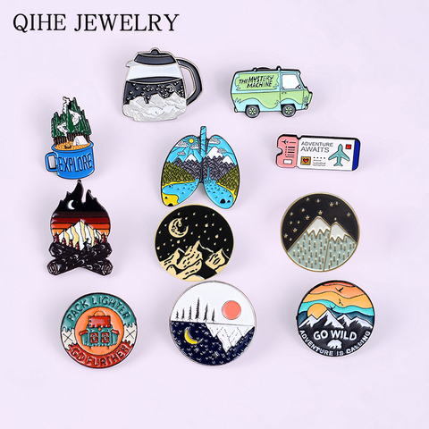 Outdoors Adventure Enamel Pins Wild Hiking Travel Brooches Collection Bus Mountain Camping Firewood Explore Nature Badges ► Photo 1/6