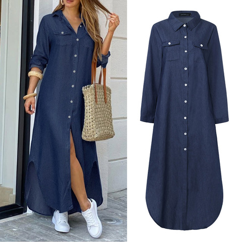 ZANZEA Women's Dress Vintage Shirt Vestido De Mujer Casual Solid Ropa De Mujer 2022 Female Lapel Neck Party Dress Plus Size 5XL ► Photo 1/6