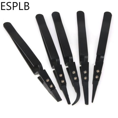 5pcs/set Black Reverse Tweezers Stainless Steel Handle Plastic Tip Precision Tweezers Curved/Flat/Straight Tip Tweezers ► Photo 1/6