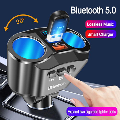 JINSERTA Car Handsfree Bluetooth 5.0 FM Transmitter Dual USB Charger Expand 2 Cigarette Lighter Ports Support U Disk Music Play ► Photo 1/1