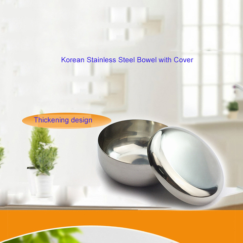 Double Thick Stainless Steel Bowl with Cover Korean Polished Noodles Soup Bowl of Rice Kitchen Tableware ► Photo 1/6