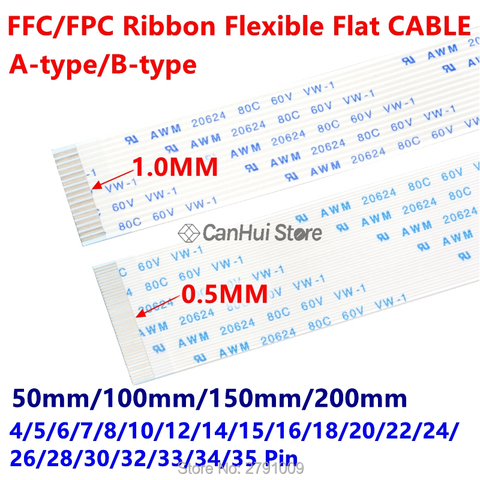10PC FFC/FPC Ribbon Flexible Flat Cable 1.0MM 50/100/150/200MM A B type contact 4P 6 7 8 10 12 14 18 20 22 24 26 30 32 34 35 Pin ► Photo 1/6