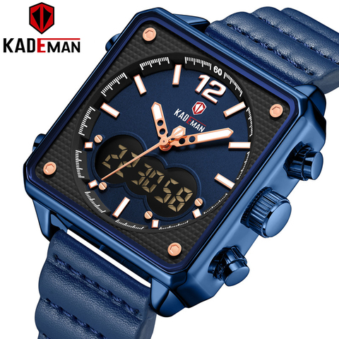 KADEMAN Luxury Square Watch Men Original Sport Watch TOP Brand Dual Display 3ATM Tech Wristwatches New Leather Casual Male Clock ► Photo 1/6