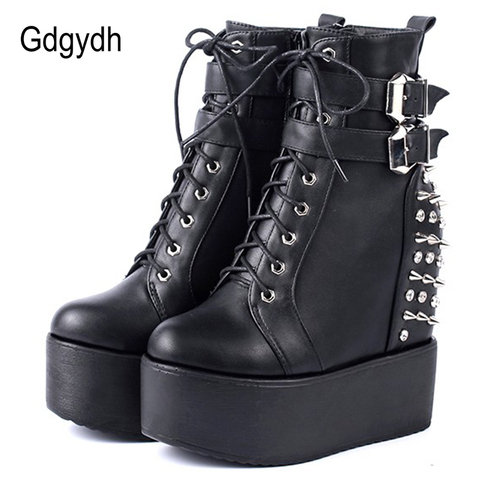 Gdgydh 2022 Round Toe Metal Rivets Ankel Boots For Women Black White Gothic Female Shoes Drop Shipping Wedges High Heels Shoes ► Photo 1/6