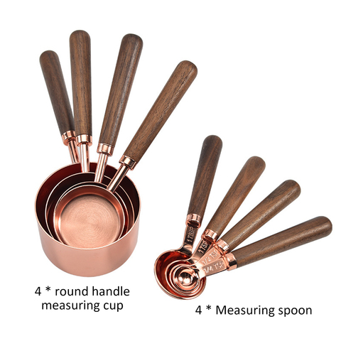 8pcs Kitchen Measuring Tool Plating Measuring Cups Spoon  Walnut Wooden Handle Rose Gold Measuring Cups Measuring Spoon Scoop ► Photo 1/6