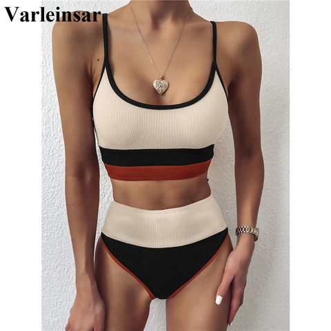 Ribbed Splicing Female Swimsuit High Waist Bikini 2022 Women Swimwear Two-pieces Bikini set Bather Bathing Suit Swim Lady V2238 ► Photo 1/6