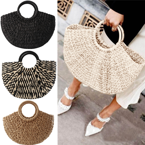 Women Handbag Rattan Wicker Straw Woven Half-round Bag Large Capacity Female Casual Travel Tote Fashion Bolsos ► Photo 1/6