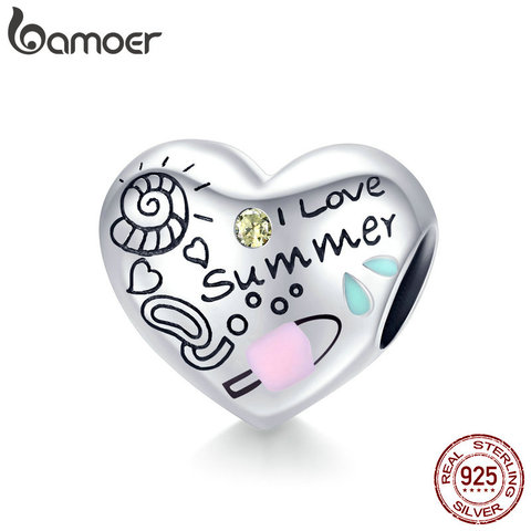 bamoer Summer Holiday Series Heart Metal Beads 925 Sterling Silver Engrave Heart-shape Charm for Bracelet & Bangle SCC1529 ► Photo 1/6