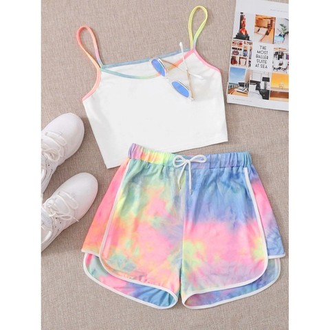 Fashion Woman Tie Dye Print Top And Biker Shorts 2 Piece Set Womens Outfits Suit Sweet Matching Set Женские Костюмы #T1G ► Photo 1/6