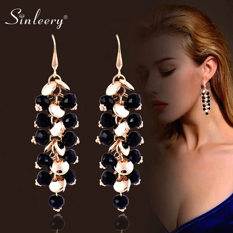 SINLEERY Dazzling A Bunch Of Grapes Shape Big Earrings Yellow Gold Color Black Rhinestone Long Earrings Women Dangler ES890 SSB ► Photo 1/6