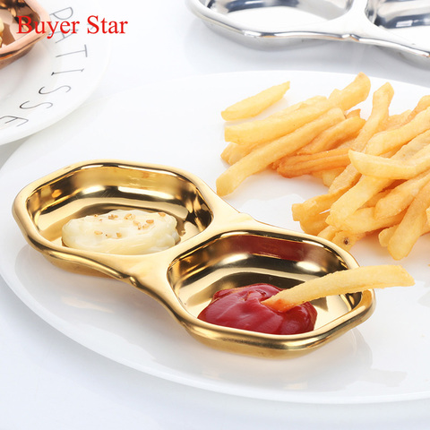 Golden Stainless steel kitchen Lattice seasoning small dish of soy sauce Japanese Trays Tableware vinegar sauce dish snack plate ► Photo 1/6