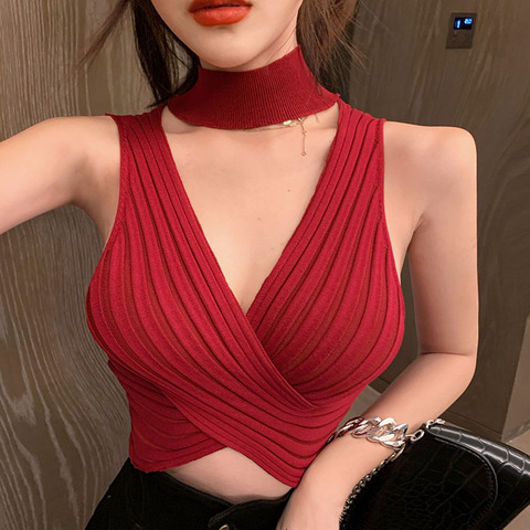 Women Knitting Halter Neck Cropped Tank Tops Female Knitted Crossed Sexy Camisole Sleeveless Solid T shirts Crop Tops ► Photo 1/6