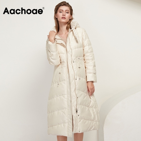 Aachoae Elegant Ultra Light Duck Down Coat Women Long Sleeve Hooded Padded Coats Lady Solid Stylish Long Puffer Jacket Female ► Photo 1/6
