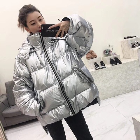 2022 winter new loose hooded down jacket women shiny silver white duck down jacket thickened warmth for men and women ► Photo 1/6