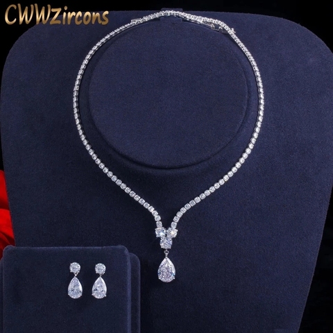 CWWZircons Fashion Cubic Zirconia Water Drop Pendant Necklace and Earrings Bridal Wedding Jewelry Sets for Brides Party T397 ► Photo 1/6