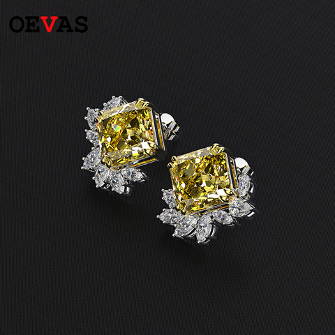 OEVAS 11 Carats Square Yellow AAAAA+ Zircon Flower Stud earrings for women Real 925 Sterling Silver Wedding party Bride jewelry ► Photo 1/6