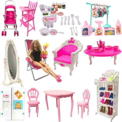 NK Mix Doll Toys Mini Mirror Bed Table Kitchen Fridge For Barbie