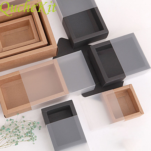 10pcs Kraft Paper Packing Box With Transparent PVC Window Black Delicate Drawer Display Gift Box Wedding Cookie Candy Cake Boxes ► Photo 1/6