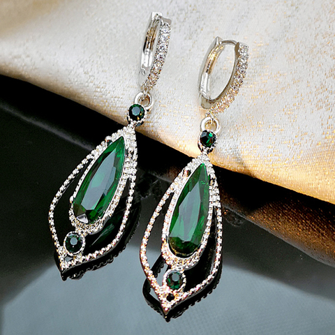 Luxury Wedding Earrings Water Drop Green CZ Stone Pierced Dangle Earrings Women Girls Long Drop Earrings Fashion Jewelry  B5D260 ► Photo 1/6