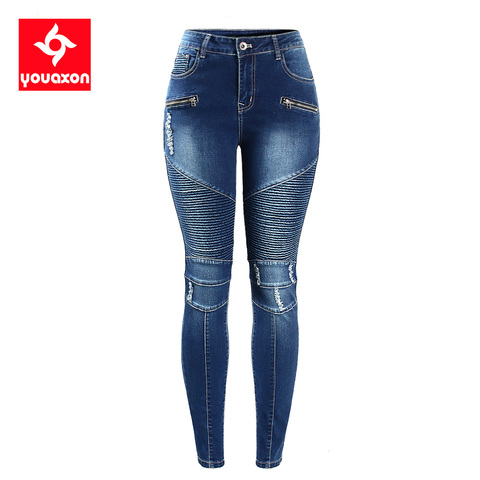 2077 Youaxon Women`s Motorcycle Biker Zip Mid High Waist Stretch Denim Skinny Pants Motor Jeans For Women ► Photo 1/6