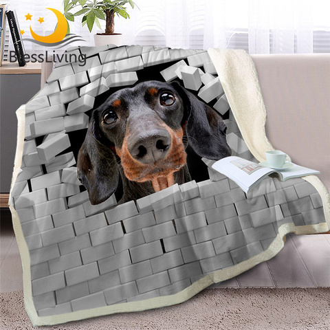 BlessLiving Dachshund Throw Blanket on Bed 3D Animal Dog Plush Sherpa Blanket Bulldog Bedspread Cracked Bricks Wall Thin Quilt ► Photo 1/5