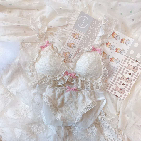 Cute Japanese Lace Bra and Panty Set Lolita Underwear Women Thin Wire Free Cat Bra Kawaii Lingerie Bralette Panties Intimates ► Photo 1/6