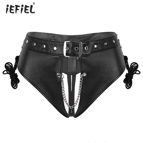 Sexy Panties PU Leather Briefs Lingerie Underwear Punk Low rise Crotchless Erotic Women Underpants Nightclub Parties Costumes ► Photo 1/6