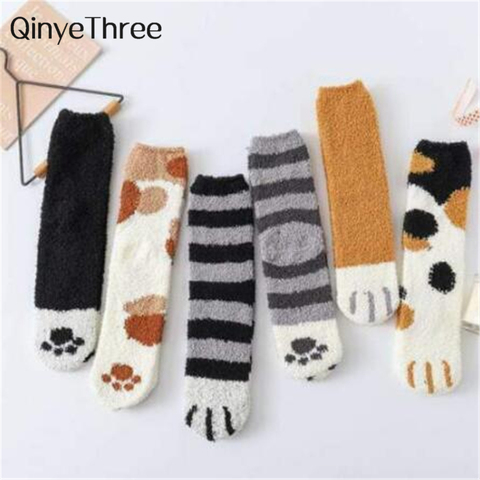 Autumn And Winter Womens' Cat Claws Plush Coral Fleece Socks Cute Thick Warm Sleeping Floor Sokken Female Dropshipping ► Photo 1/6